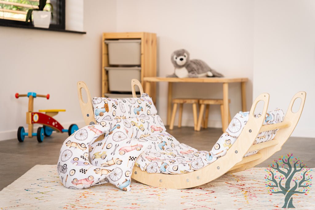 Kletter - Set mit Rollenrutsche 4in1 (Medium) - Wippe, klappbares Dreieck, Klettersteig & Rollrutsche - Förderung der motorischen Fähigkeiten ab 2 Jahren - Kletterling – einfach Kind sein