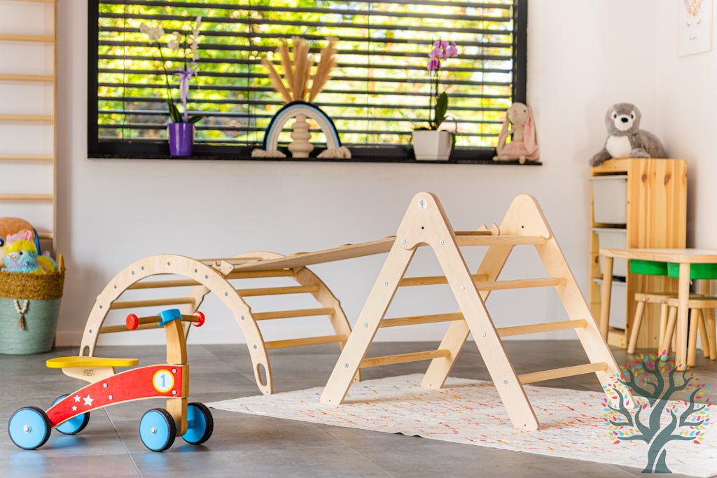 Kletter - Set 3in1 (Medium) - Wippe, klappbares Dreieck & Klettersteig - Für Kinder ab ca. 2 Jahren - Förderung der Motorik und Kreativität - Kletterling – einfach Kind sein