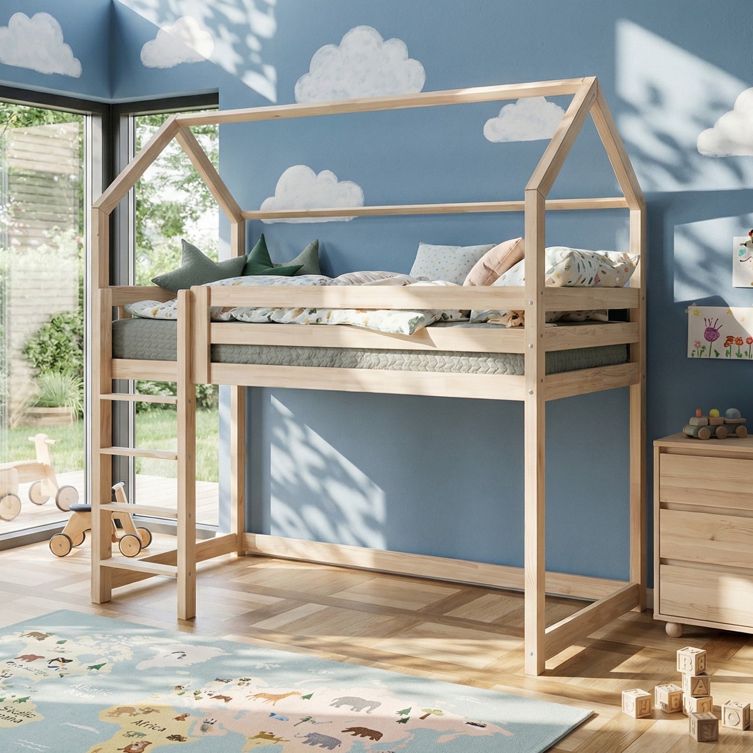 Hochbett WOLKENHAUS 90x200 cm mit Spielbereich darunter