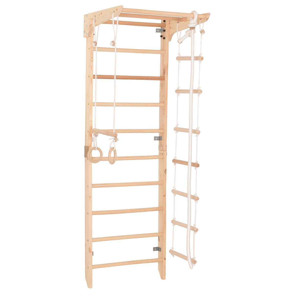 Kletterwand für die ganze Familie – Klettergerüst Indoor aus Holz mit Wand-Reck, Stange, Gymnastikringen, Kletterseil, schwedischer Leiter –  sicherem Lack – Ansicht 5