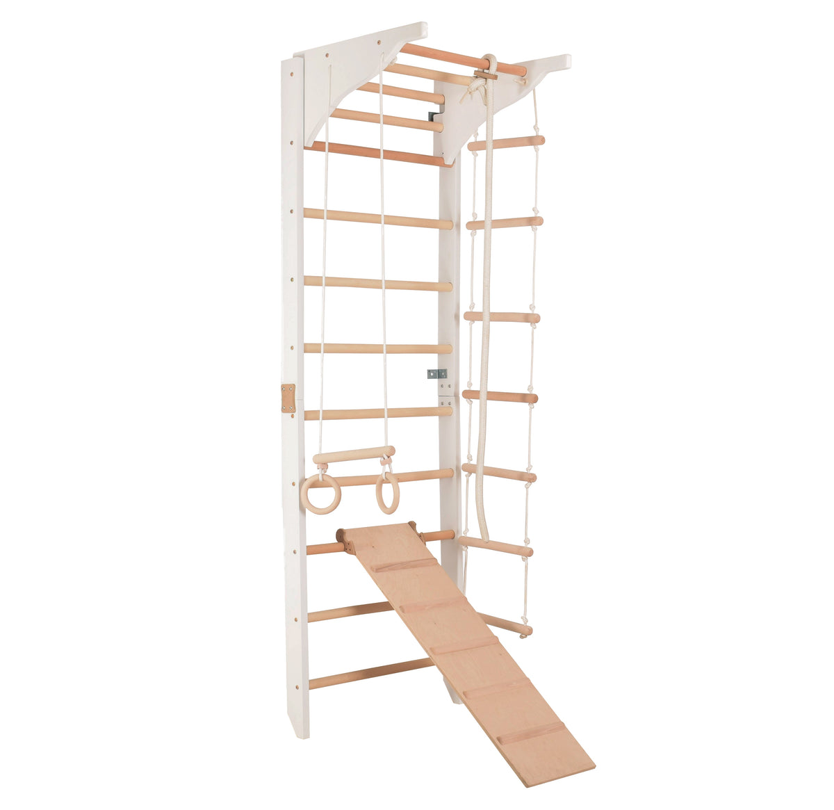 Sprossenwand mit Klimmzugstange, Dip-Barren, Ringen & Kletterrampe – PRO 3 weiß | RINAGYM – Ansicht 11