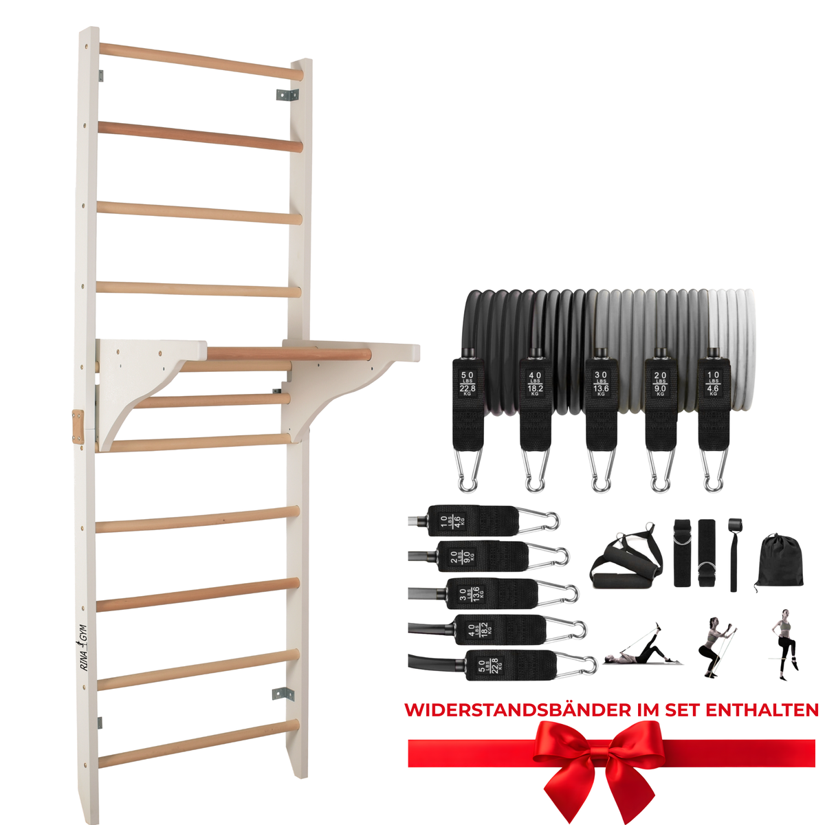 Sprossenwand mit Dip-Barren und abnehmbarer Klimmzugstange – Modell PRO PURE weiß, verstärkte Konstruktion für das Training zu Hause – Ansicht 3