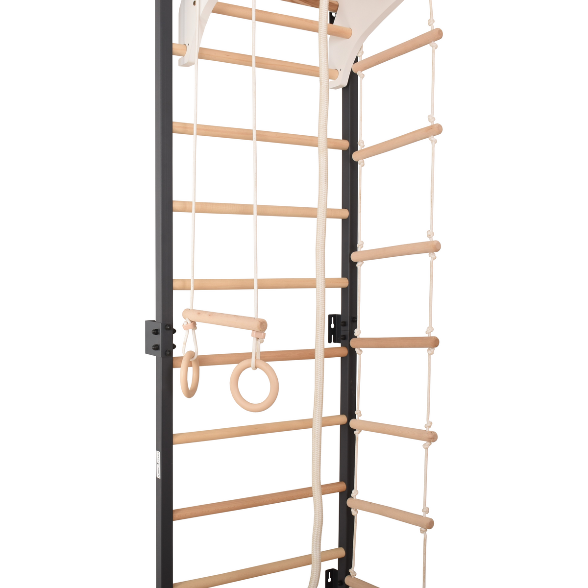 Metallische Sprossenwand STEEL KOM 2 – Graphit mit weißer Klimmzugstange, Ringen und Strickleiter | RINAGYM – Ansicht 16