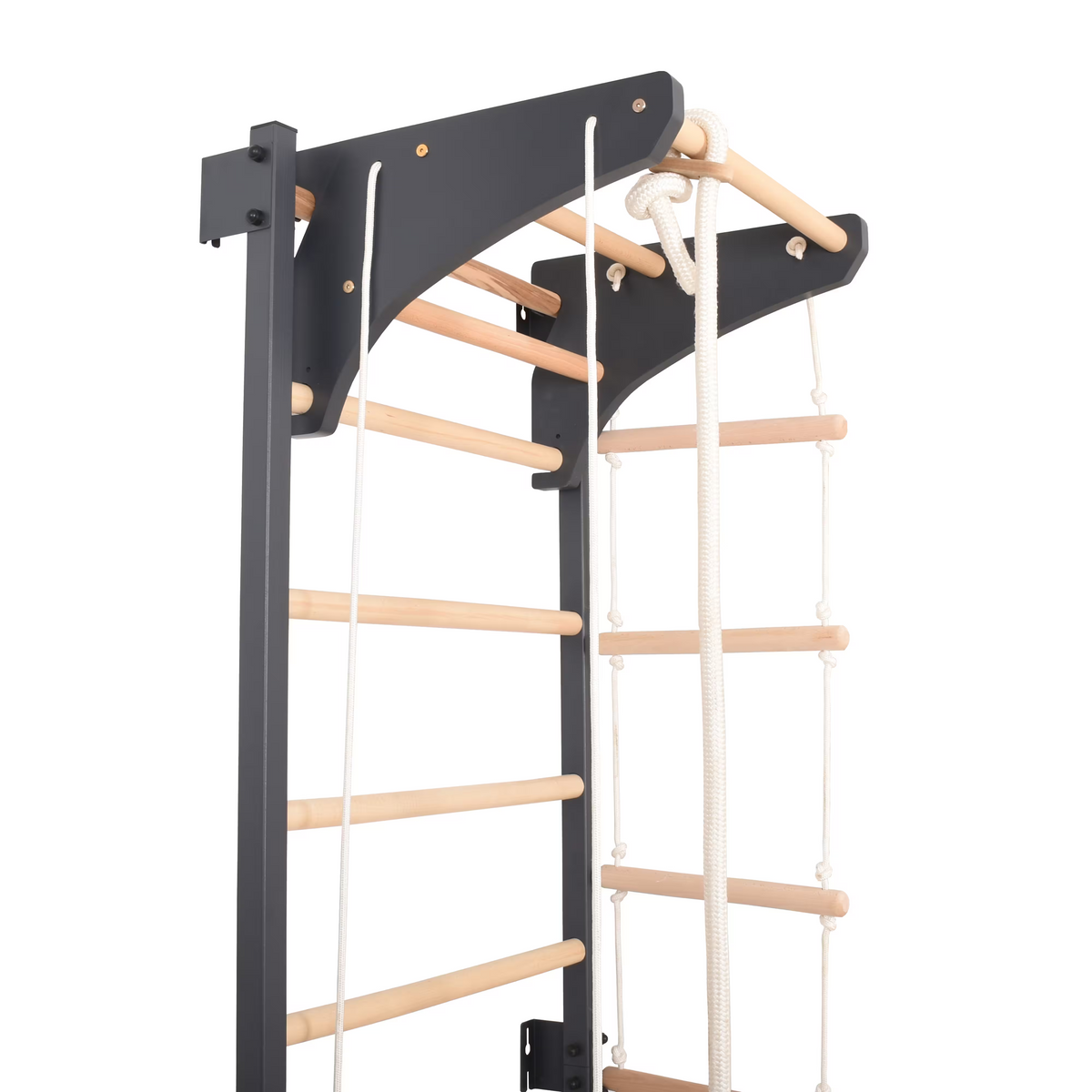 Metallische Sprossenwand STEEL KOM 2 – Graphit mit Klimmzugstange, Ringen und Strickleiter | RINAGYM – Ansicht 5