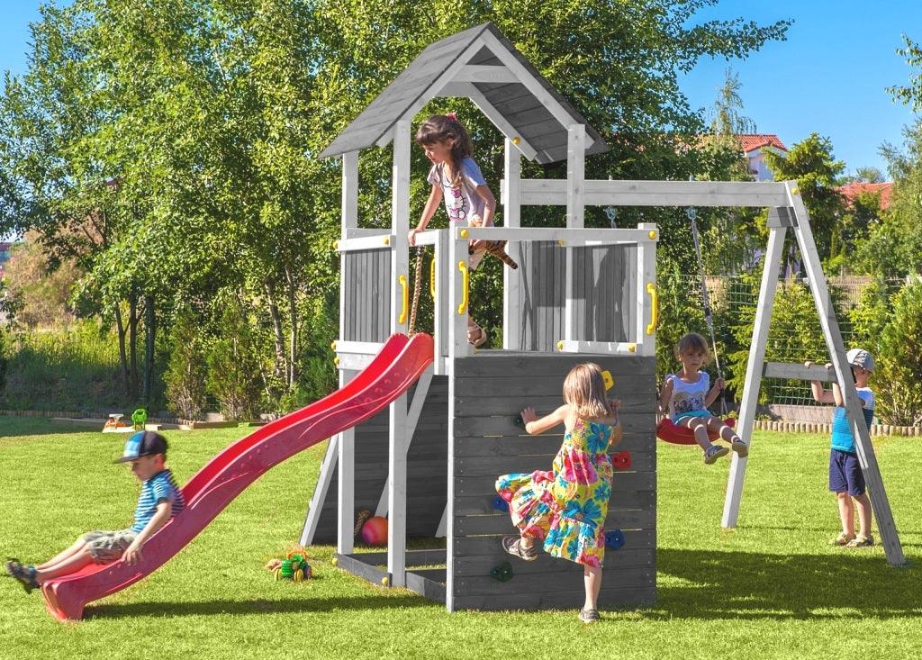 Spielturm GOO CAROL 3 | Klettergerüst OUTDOOR | in 3 Farben | bis zu 10 Kinder | Holzdach - Kletterling – einfach Kind sein