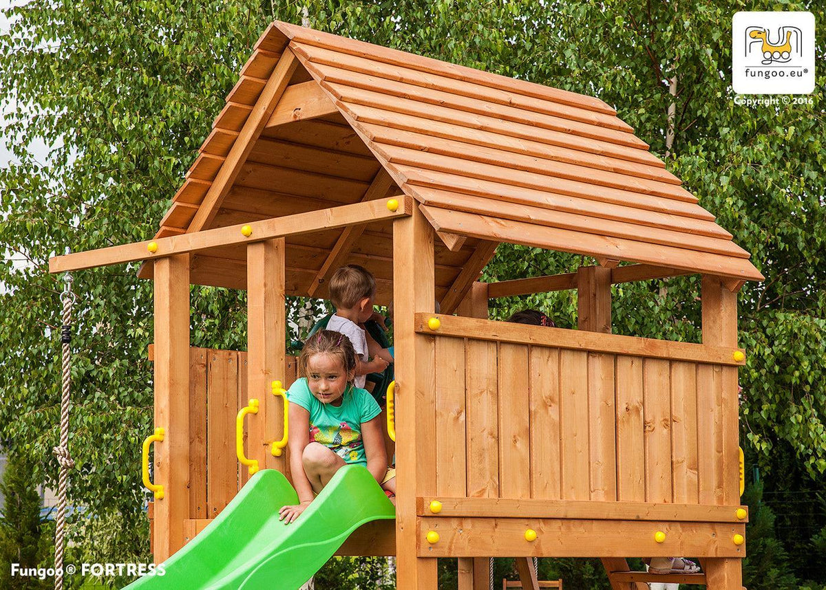 Spielturm Maxi Set Fun Gym mit 2x Spielturm, Rutsche, Kletterturm, Kletterwand, Schaukel - Kletterling – einfach Kind sein